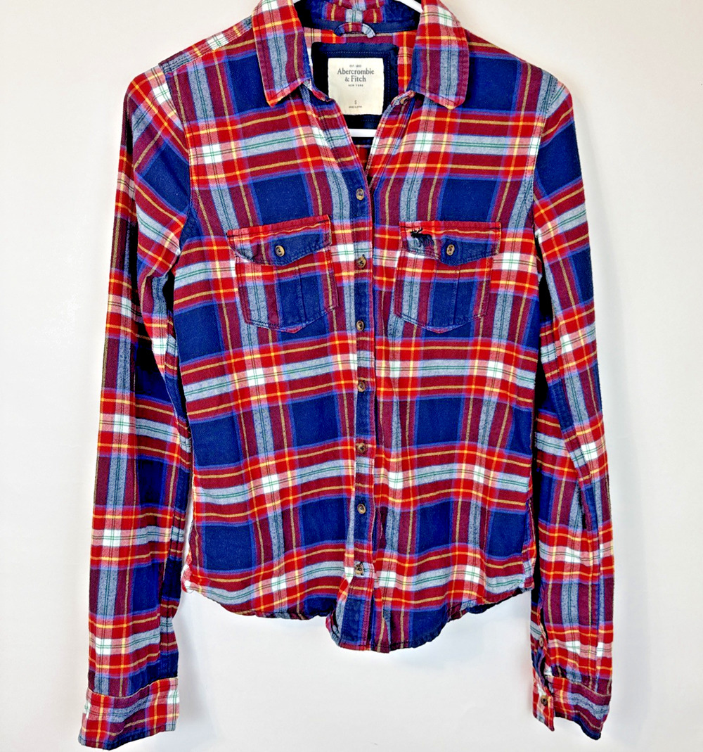 Abercrombie & Fitch Button Down Women's Small Red Blue Plaid Long Sleeve Flannel